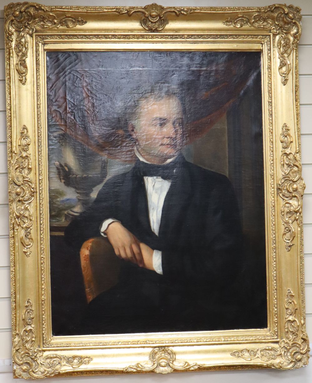 Victorian School, oil on canvas, Half length portrait of a seated gentleman, with urn and gardens beyond, 91 x 71cm